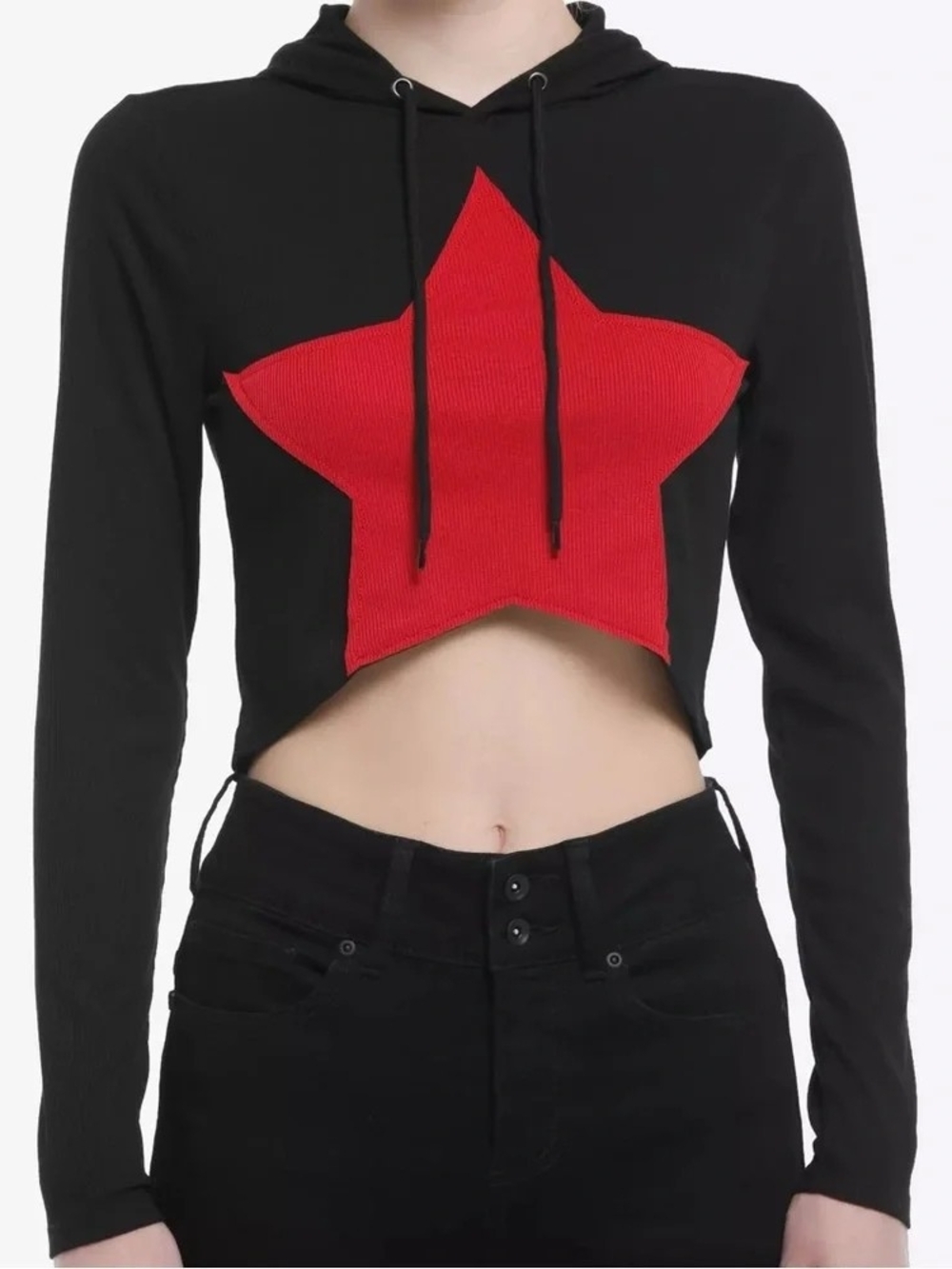 Social Collision Red Star Ribbed Girls Crop Hoodie